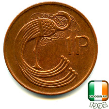 An IRISH 1992 PENNY 1p coin
