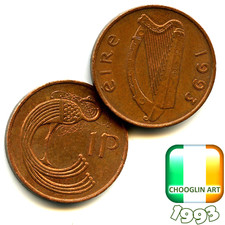 An IRISH 1993 PENNY 1p coin